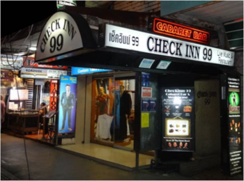 The entrance to Check Inn 99 located on Sukumvit Road in Bangkok, Thailand