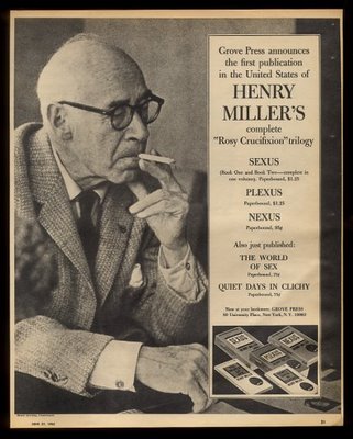 A 1965 advertisement from Grove Press for the Rosy Cruxifiction trilogy 